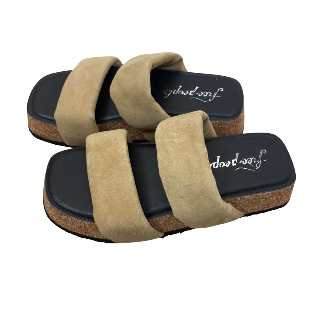 NWOT Free People Fairmount Flared Tan Suede Platform Slide Sandals Boho 38 7.5